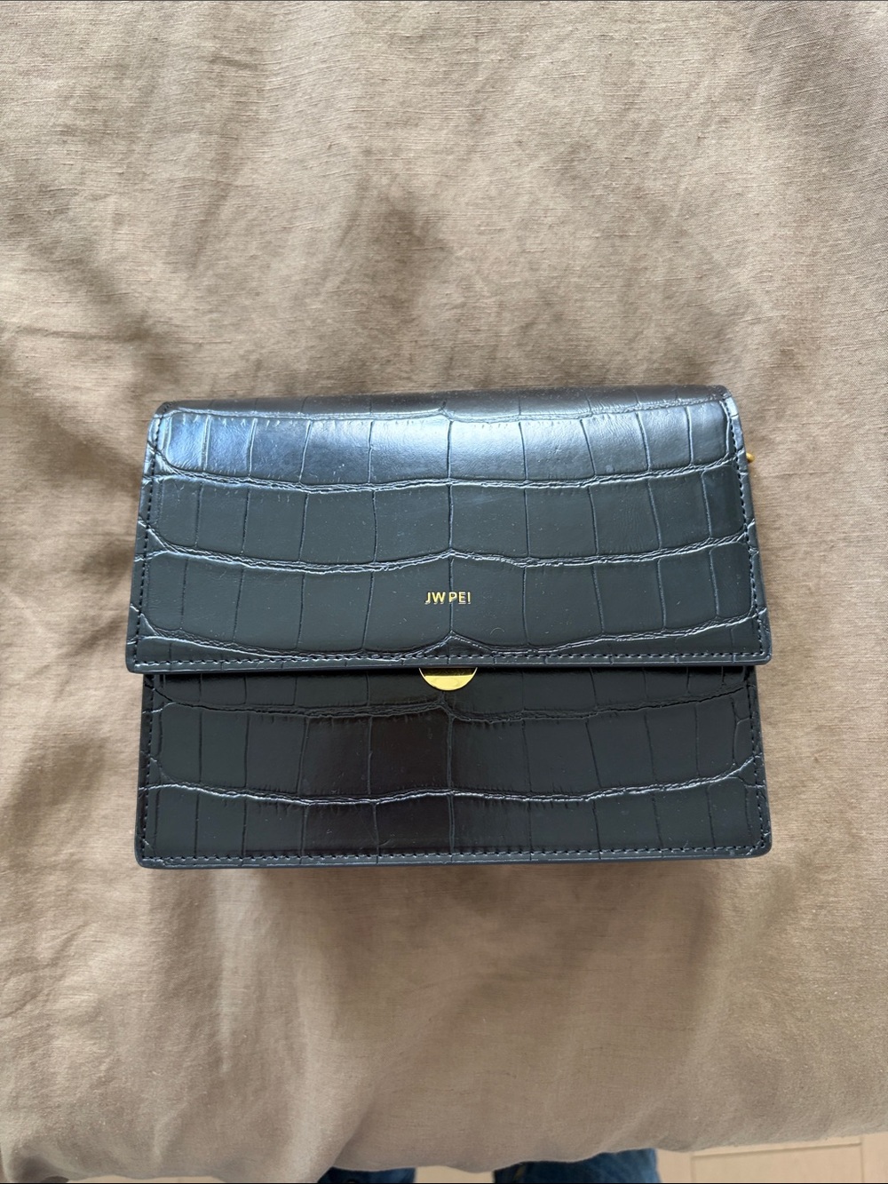JW PEI Black Croc-Embossed Compact Shoulder Bag